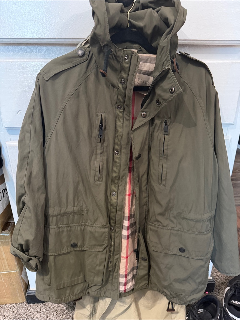 Burberry Olive Green Hooded Field Jacket with Signature Check Lining